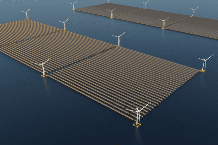 A combination of floating solar and offshore wind. Photo: Wikimedia Commons
