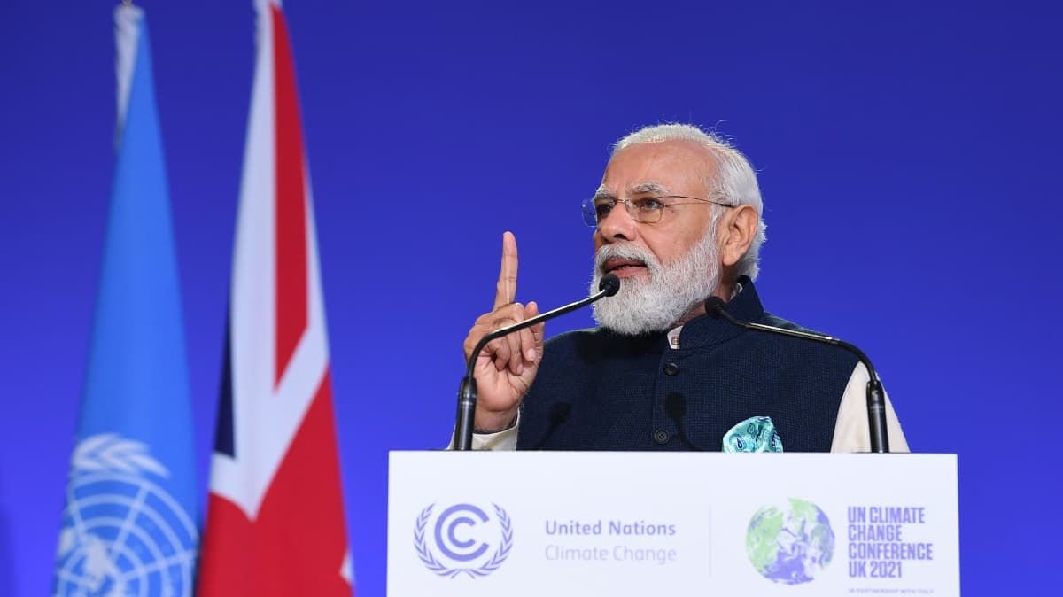 Onwards and upwards: At COP26, Prime Minister Narendra Modi announced India would raise the target of non-fossil energy to 500 GW by 2030 from the earlier 450 GW. Photo: PIB