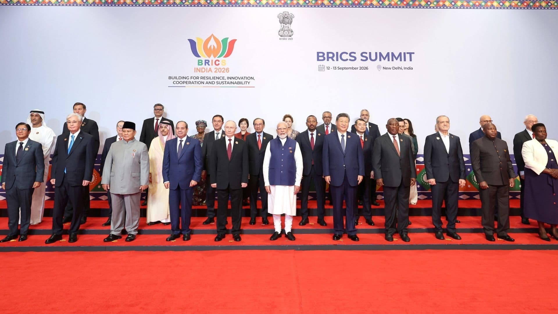 Prime Minister Shri Narendra Modi with leaders of BRICS member and partner countries, outreach invitees and heads of international organisations for the family photo at the 18th BRICS Summit at Bharat Mandapam.