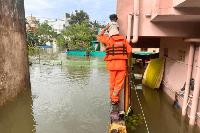The National Disaster Response Force rescuing citizens stuck in flash floods caused by Cyclone Michuang. Photo: @04NDRF/X