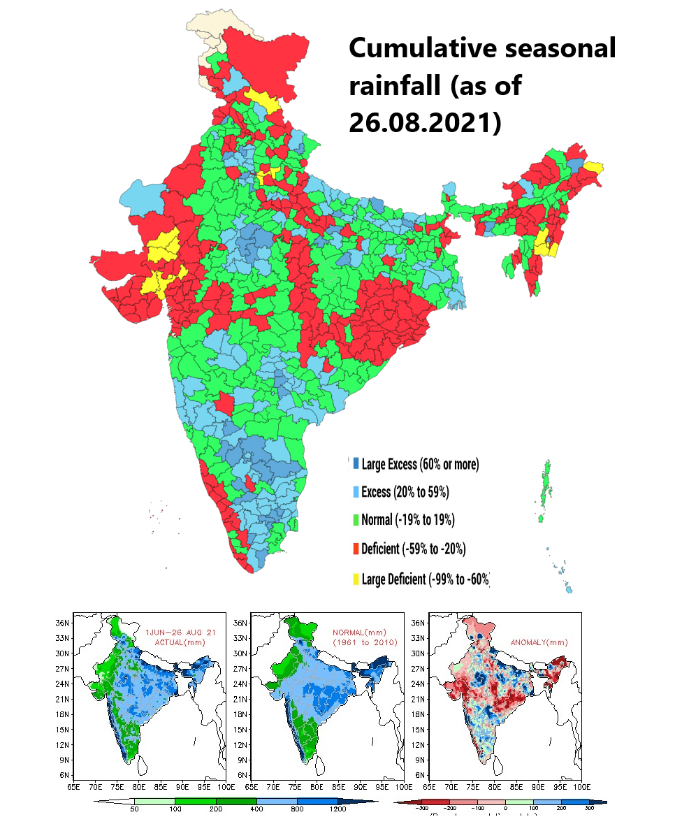 A moody monsoon: The 2021 monsoon season has so far been marked with inconsistencies in distribution, with over a third of the country seeing deficient rains | Source: IMD