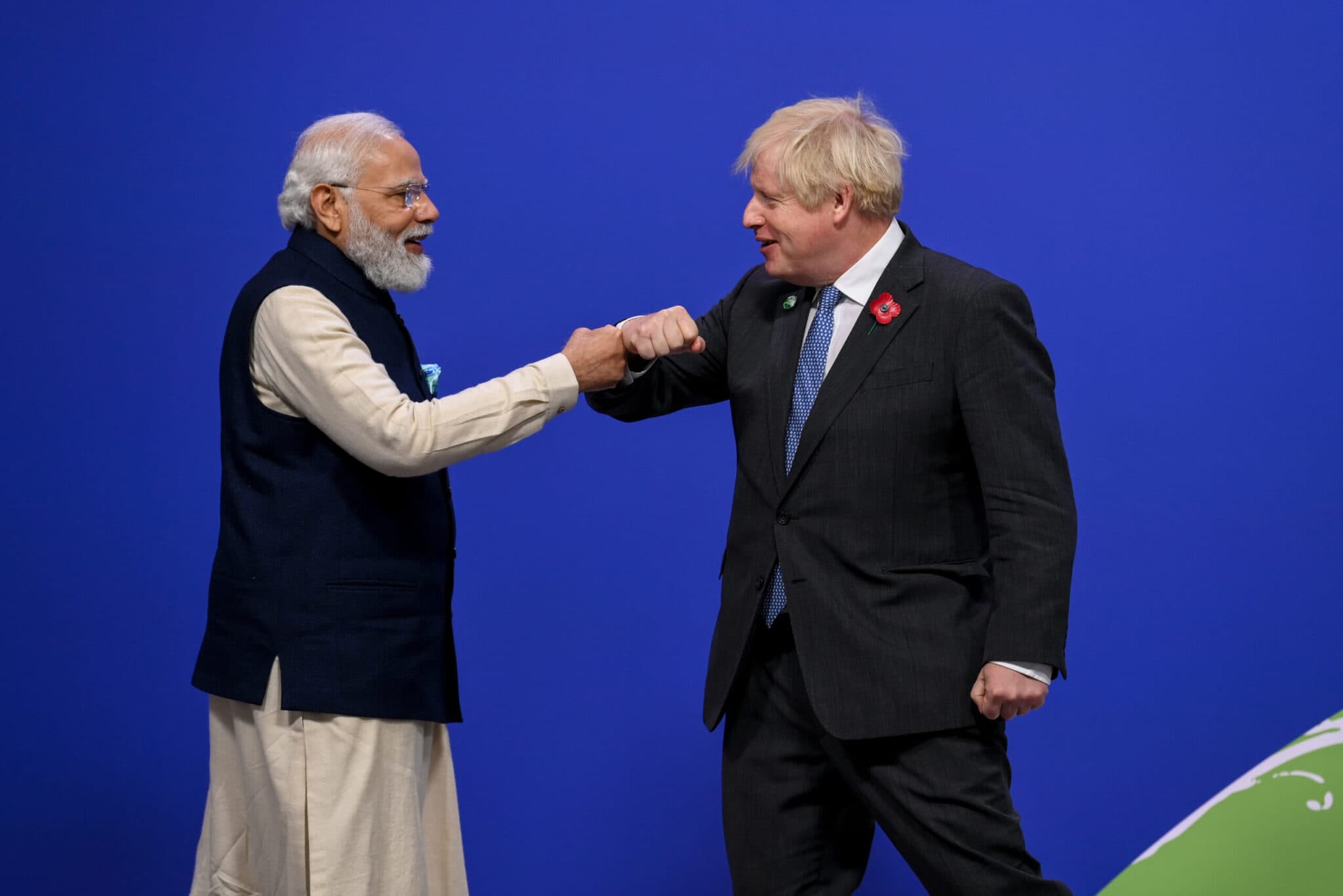 Prime Minister Boris Johnson greets Narendra Modi, Prime Minister of India, on arrival to COP26 World Leaders Summit of the 26th United Nations Climate Change Conference at the SEC, Glasgow. Photograph: Karwai Tang/ UK Government
