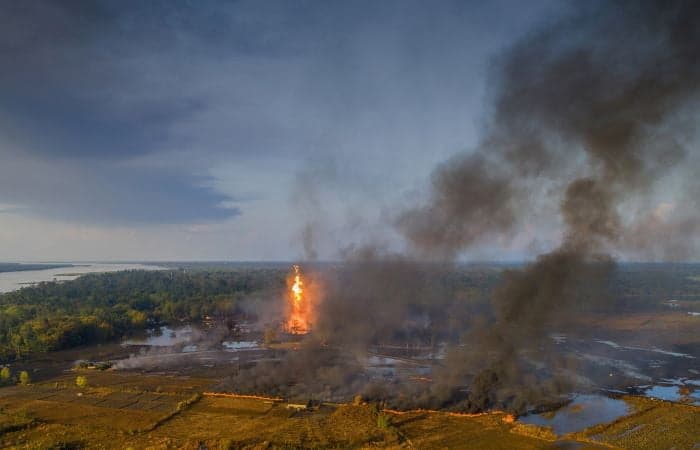 Major Blowout! A massive fire broke out at a leaking oil well operated by Oil India Limited in the Baghjan oilfield in Assam on 9 June | Photo: PTI